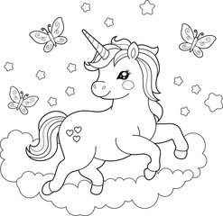 Illustration of a cute baby unicorn cartoon character. Black and white Printable Unicorn coloring page for kids, Bold and Easy Coloring Sheet
