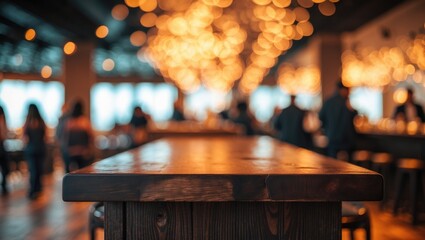 Unoccupied dark wood table in front of an indistinct restaurant background