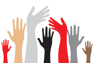Many colorful Raising hands white background. Raised hands silhouette isolated on white background. Hands up illustration.