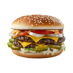 3D double petty beef burger isolated on transparent background PNG