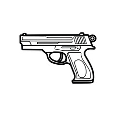 Simple pistol icon with detailed thick black outline on transparent background