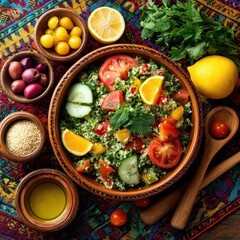 Middle eastern food tabbouleh traditional concept. Fresh salad with vibrant vegetables and herbs, served in a rustic bowl with olive oil on a textured background.