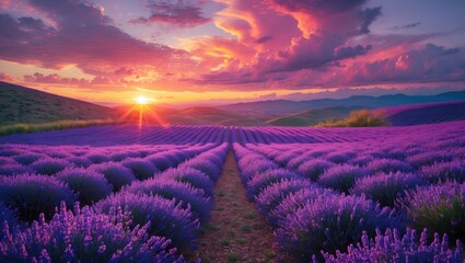 Fototapeta premium Lavender field in full bloom during sunset hues