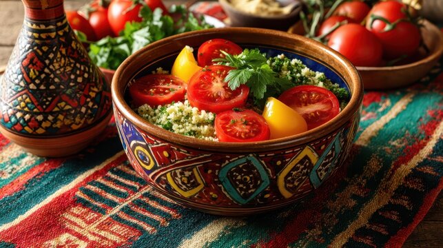 Middle eastern food tabbouleh traditional concept. A vibrant bowl of couscous topped with fresh tomatoes and herbs on a colorful tablecloth.