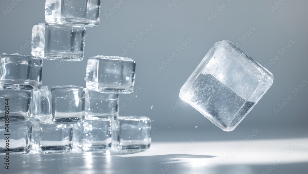 Poster isolated ice cube falling against a background, with a clipping path and complete depth of field