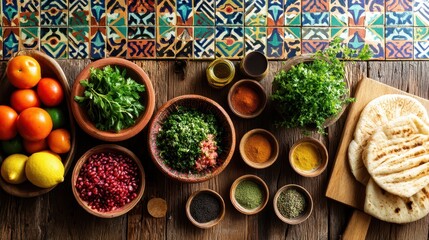 Middle eastern food tabbouleh traditional concept. Colorful arrangement of spices, herbs, and fresh fruits on a wooden table with decorative tiles in the background.