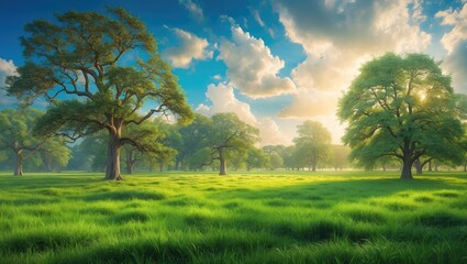 Fototapeta premium Radiant summer sunlight brightens the park's leafy trees and lush grass