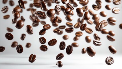 Obraz premium Close-up of falling coffee beans against a background