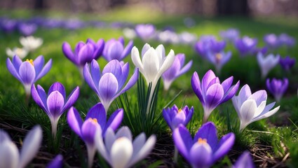 Blooming bulb flower bed with purple, lilac, violet, and white crocuses in early spring, close-up