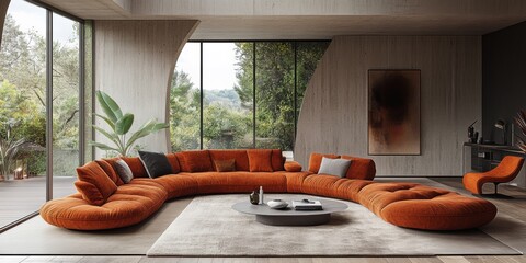 Modern Living Room Interior with Curved Sofa, Neutral Tones, and Natural Light