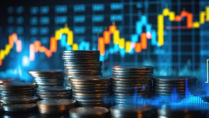 Double exposure photograph featuring coin stacks over a financial graph backdrop.