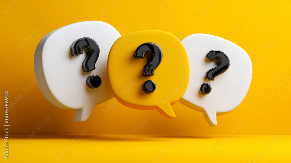 Poster three speech bubbles, white and yellow, each containing a black question mark, float against a yello