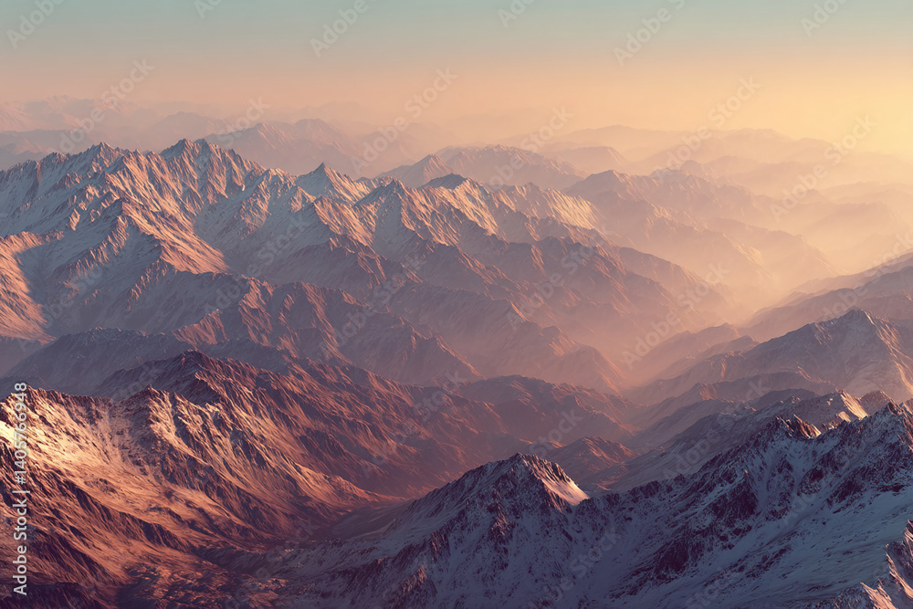 Poster aerial view of snow-capped mountain range at sunset, showing layers of peaks and valleys bathed in w