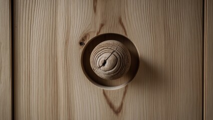 Fototapeta premium Wardrobe door with finger pull design and solid wood cabinet door featuring a round handle hole. Close-up of modern furniture at home.