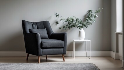 Indoor space featuring a comfortable armchair, side table, and eucalyptus near the wall, text area available