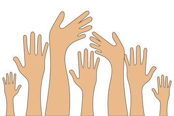 Obraz premium Many colorful Raising hands white background. Raised hands silhouette isolated on white background. Hands up illustration.