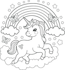 Fototapeta premium Illustration of a cute baby unicorn cartoon character. Black and white Printable Unicorn coloring page for kids, Bold and Easy Coloring Sheet 