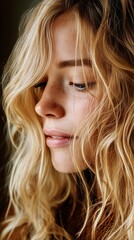 Fototapeta premium Close-up Portrait of a Young Woman With Wavy Blonde Hair and Natural Makeup