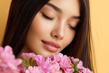 Fototapeta premium Close-up of a woman's face with eyes closed, holding pink flowers near her cheek in soft focus