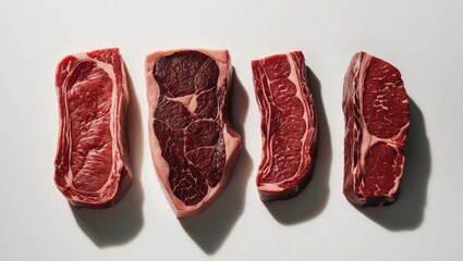 Creative arrangement of different beef steak types isolated against a white background with room for text.