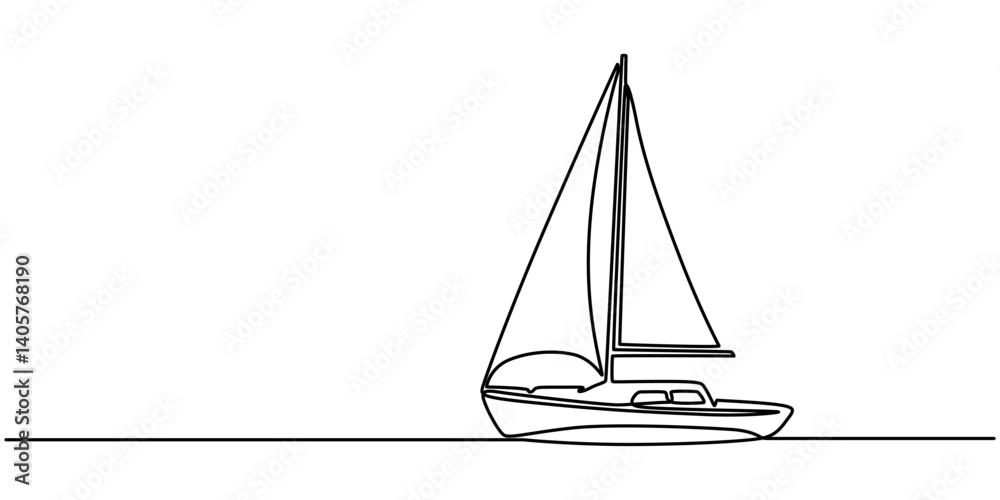 Poster Continuous one single minimal line drawing sailing, Sailboat continuous one line icon drawing on white background, Sea boat vector illustration in doodle style, one line drawing outline vector art.