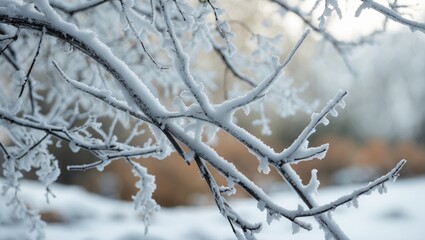 Branches of trees adorned with snow and frost, background of winter scenery, close-up of frozen textures, outdoor nature vista, natural wintery perspective.