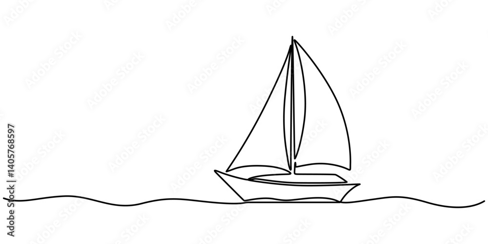 Poster Continuous one single minimal line drawing sailing, Sailboat continuous one line icon drawing on white background, Sea boat vector illustration in doodle style, one line drawing outline vector art.