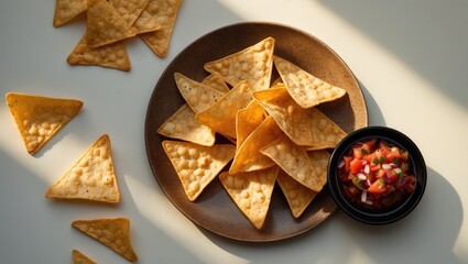 Isolated background featuring corn chips, nachos, and salsa sauce