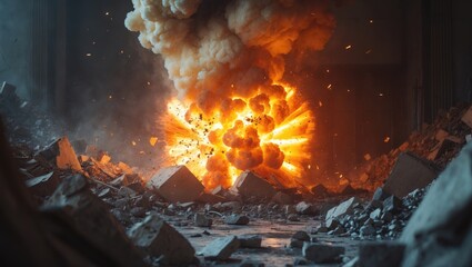 Blast on the battlefield. Authentic fiery detonation within a chamber