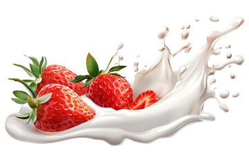 Photorealistic Image Of Strawberries And Milk Splash On Transparent Background
