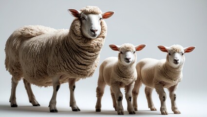 Fototapeta premium Ewe Sopravissana sheep alongside her lambs, isolated in a white setting