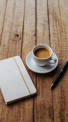 Obraz premium Minimalist workspace with an open notebook, black pen, and a cup of coffee on a clean wooden desk, top-down view, natural lighting