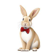 Obraz premium A rabbit with beige and white fur sits upright, wearing a vibrant red bow tie. Its expressive eyes and gentle demeanor create an inviting and friendly atmosphere ideal for storytelling