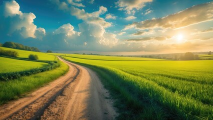 Countryside path and verdant farmland view