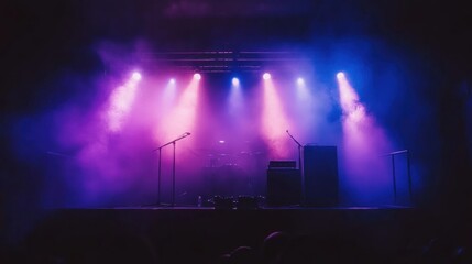 Empty stage bathed in vibrant purple and blue lighting, ready for a performance.  Fog hangs in the air