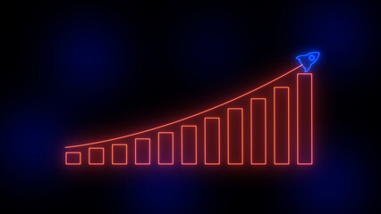 Growth concept red neon line moving. 11 month increased graph of success business. neon business graph chart animation Black background.