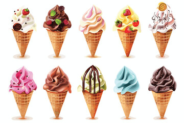 Desserts, sweet eating set. Yummy street food, confectionery snacks. Cone waffle with filling, icecream balls in cup, ice-cream in cone. Flat vector illustrations isolated on white background