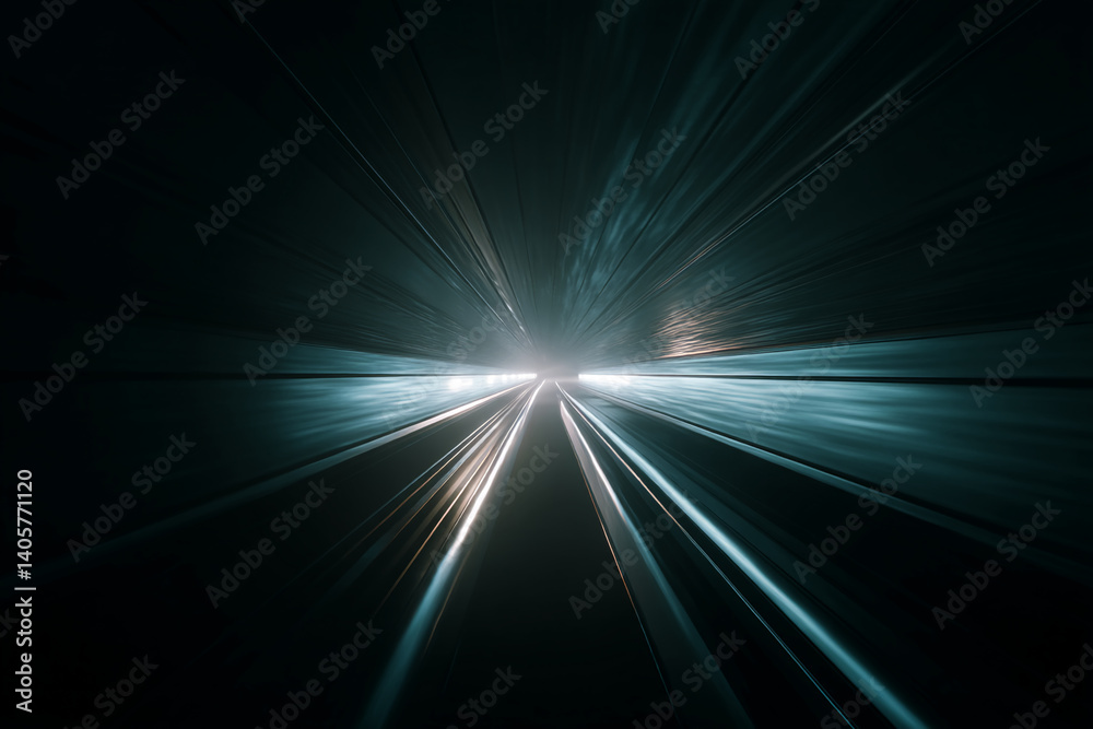 Poster abstract image of teal light streaks converging at a bright point, suggesting rapid movement through