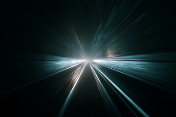 Fototapeta premium Abstract image of teal light streaks converging at a bright point, suggesting rapid movement through a tunnel, symbolizing speed, progress, and futuristic technology