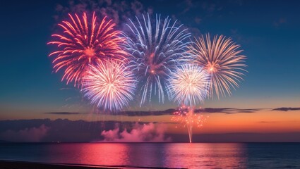 Fireworks over the beach at sunset