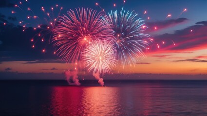 Sunset beach fireworks in the sky