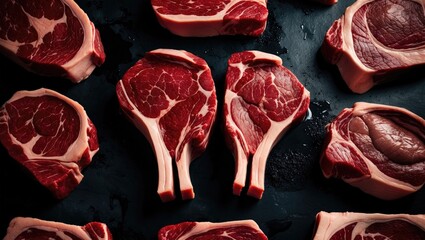 Raw Sirloin Beef Steaks, Aerial Perspective. Multiple Raw Striploin Steaks on Dark Surface. Collection of Beefsteaks. Uncooked Sirloin Cuts. Fresh Beef Steaks on Black Background.