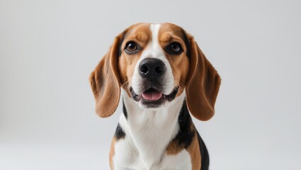 Beagle dog smiling and facing the camera, isolated on a white surface