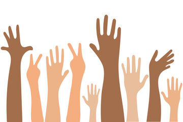 Volunteers and charity work. Raised helping hands. Vector thin line icon illustrations with a crowd of people ready and available to help and contribute. Positive foundation, business, service.