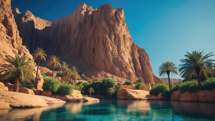 Uncover the magnificent Oasis where rocky mountains converge with lush vegetation and sparkling waters in a bright azure sky