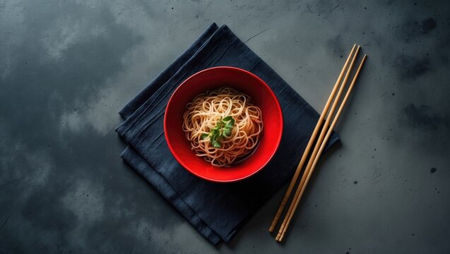Empty red glass bowl filled with noodles and wooden chopsticks on a dark concrete surface. Aerial view with blank space. Flat lay.