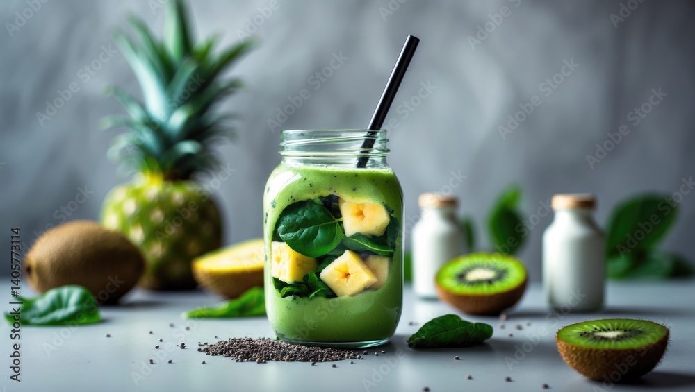 Poster smoothie made with green spinach, banana, and kiwi featuring chia seeds and small bottles on a grey 