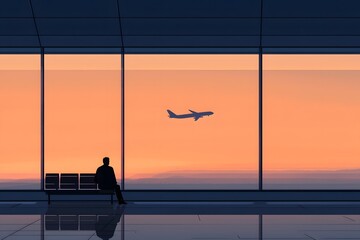 A lone traveler sitting by the airport lounge window silently observing planes taking flight as the sun sets in the distance creating a serene and contemplative atmosphere