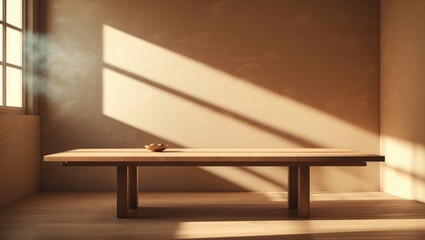 Obraz premium Mock-up for branding cosmetics, food, jewelry or products, featuring an empty table background with shadows cast on a wall and a wooden table.