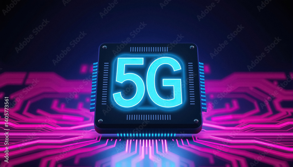 Poster digital network technology displays 5g connection digital circuit background with blue and magenta h